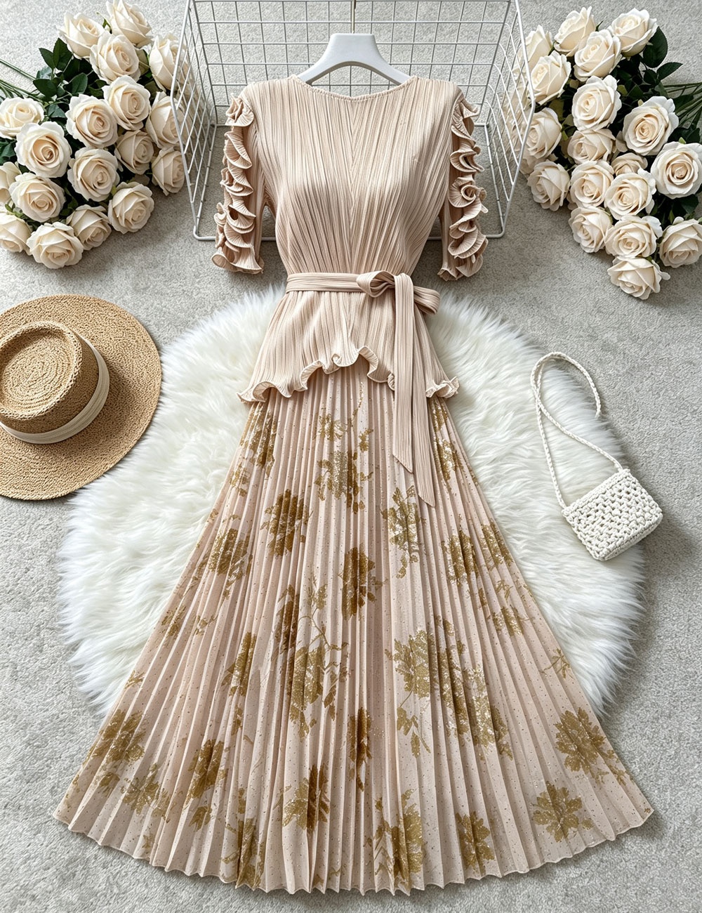 Pinched waist loose tops fold skirt 2pcs set - Image 3