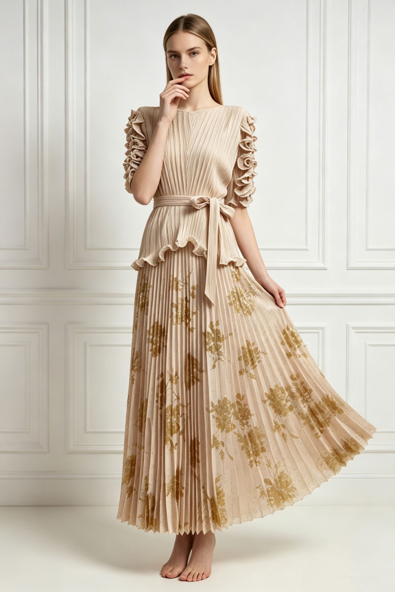 Pinched waist loose tops fold skirt 2pcs set - Image 4