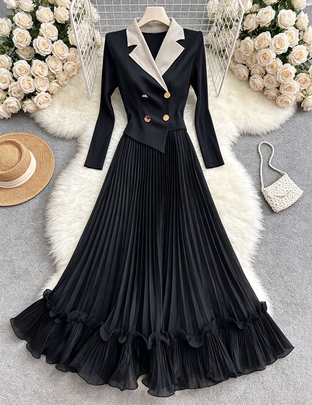 Long sleeve pleated fold dress wood ear loose business suit