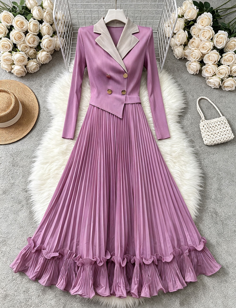 Long sleeve pleated fold dress wood ear loose business suit - Image 4