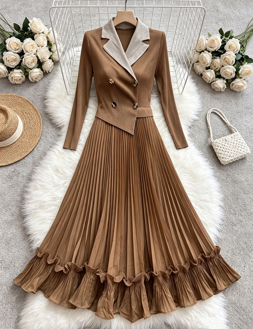 Long sleeve pleated fold dress wood ear loose business suit - Image 6