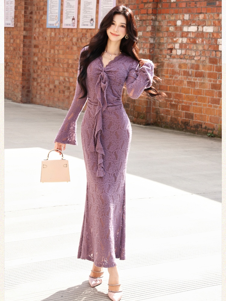 Mermaid package hip dress purple long dress for women - Image 5