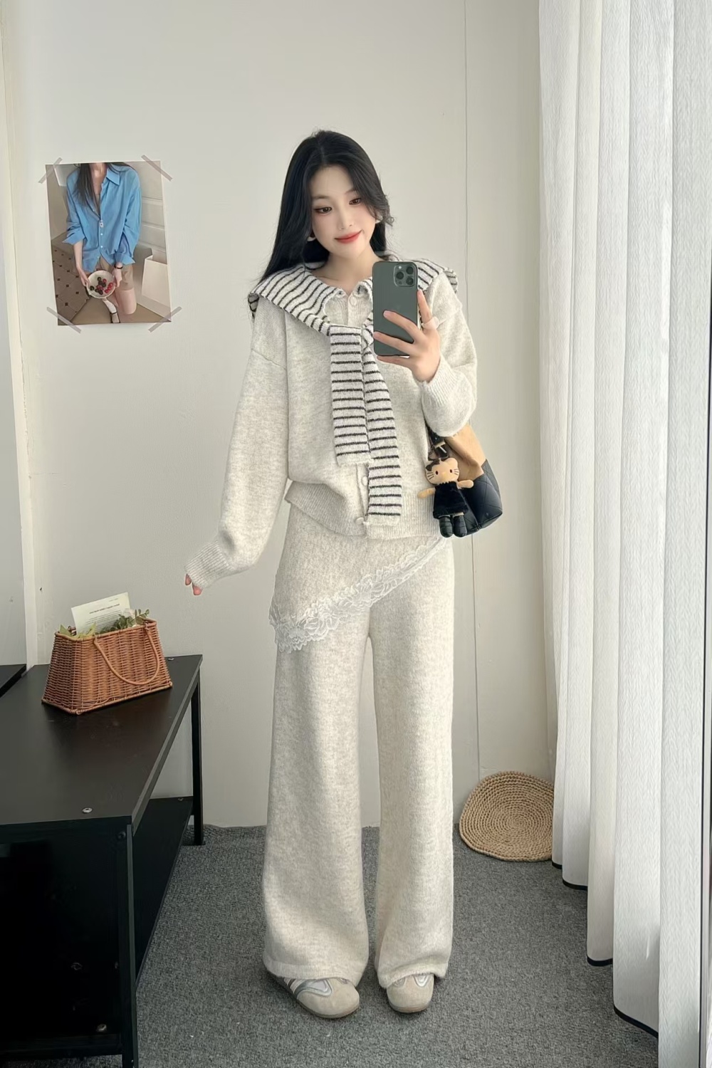 High waist stripe long pants Korean style shawl a set