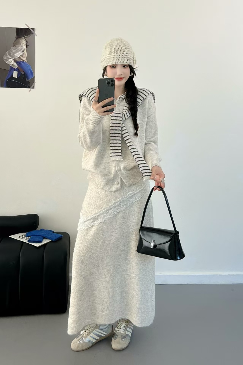 Stripe knitted shawl Korean style skirt a set