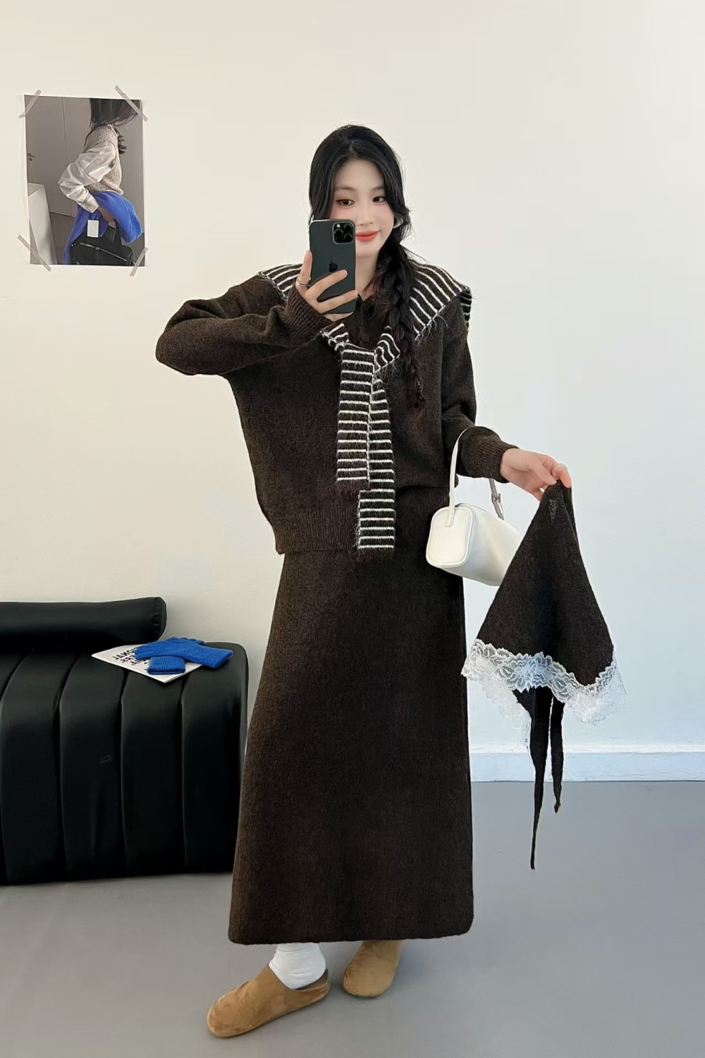 Stripe knitted shawl Korean style skirt a set - Image 4