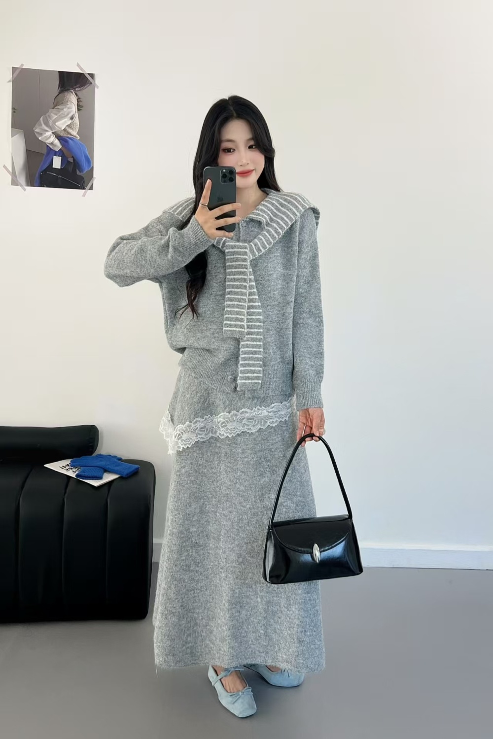 Stripe knitted shawl Korean style skirt a set - Image 5