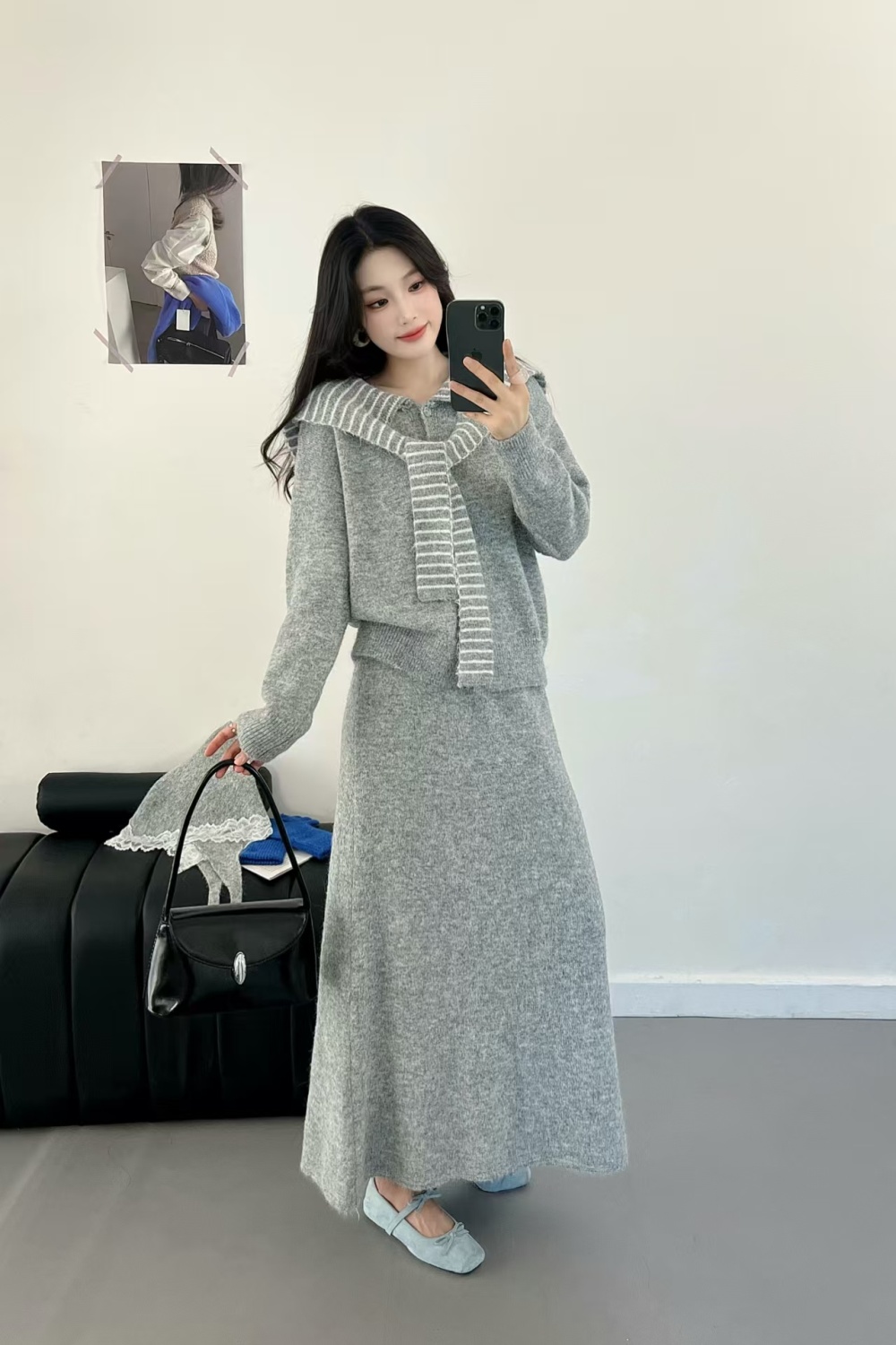 Stripe knitted shawl Korean style skirt a set - Image 6