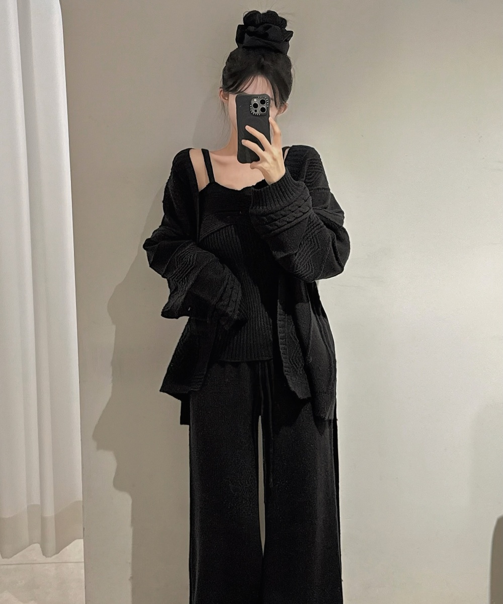 High waist cardigan wide leg pants 3pcs set for women