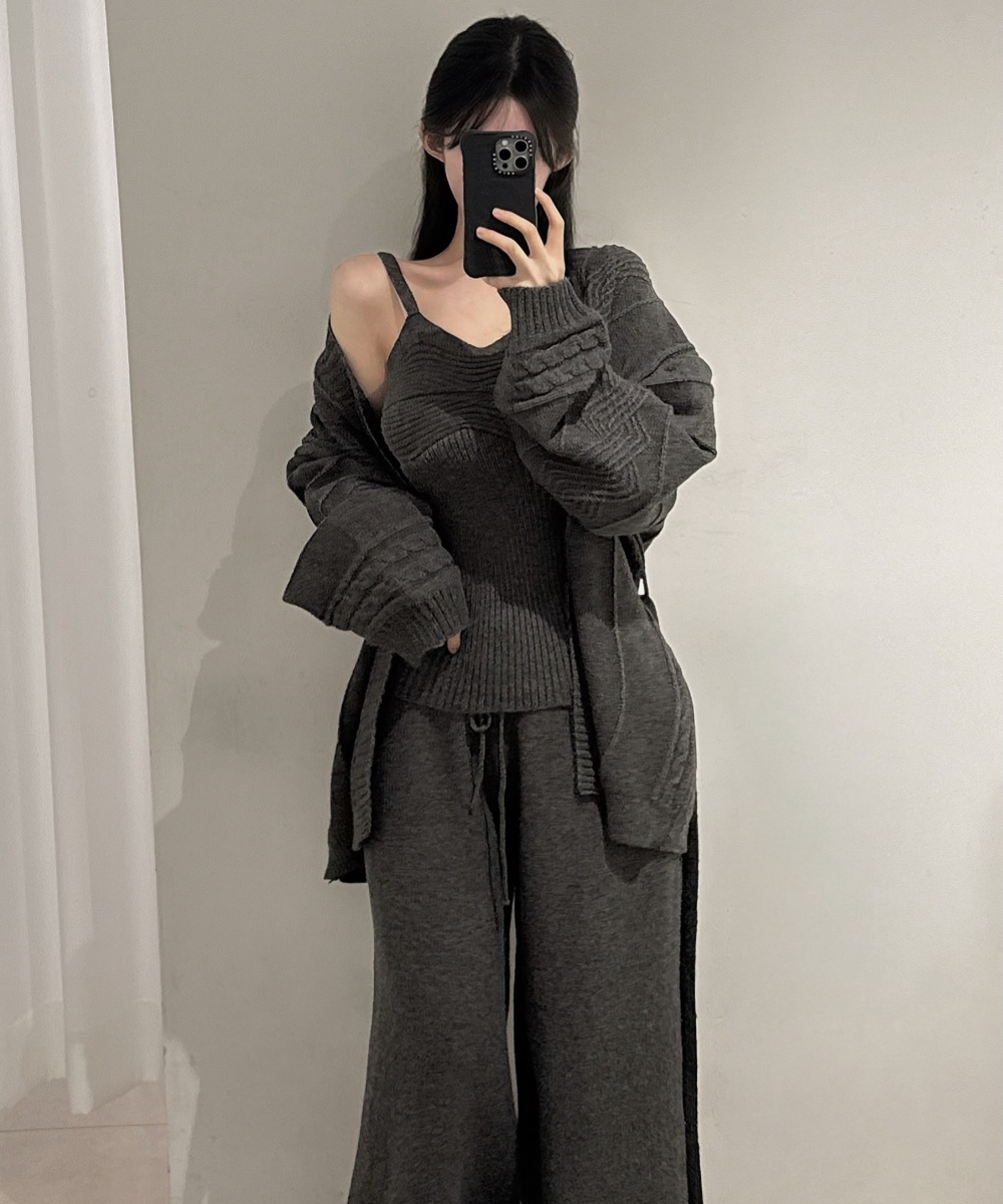 High waist cardigan wide leg pants 3pcs set for women - Image 4