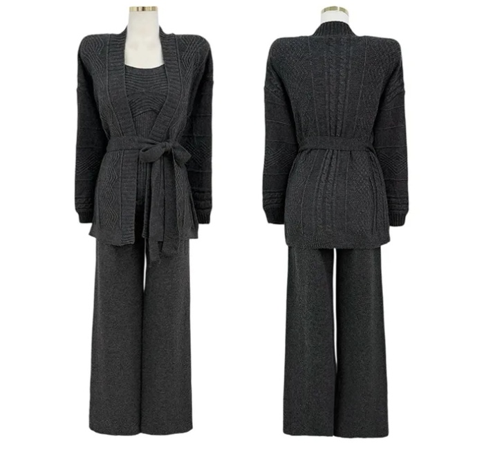 High waist cardigan wide leg pants 3pcs set for women - Image 5