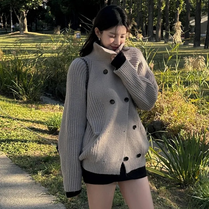 Double-breasted sweater Korean style coat - Image 2