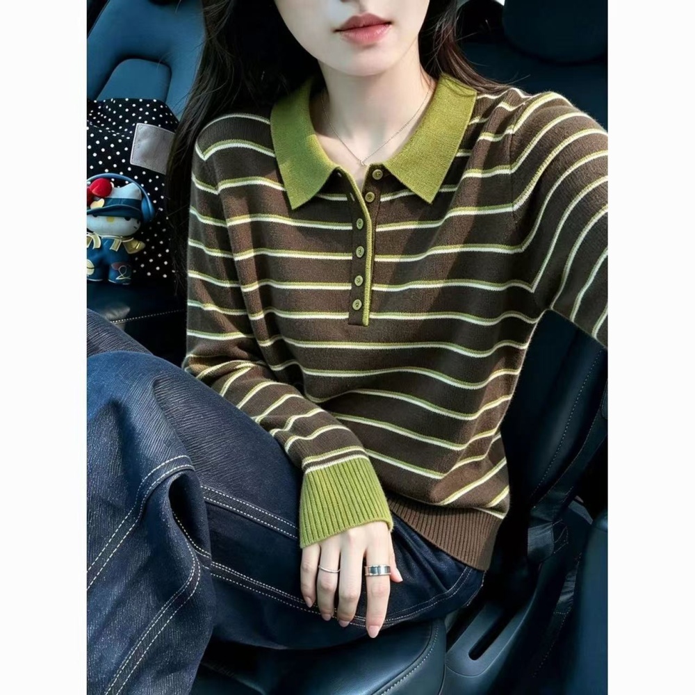 Autumn and winter knitted stripe slim long sleeve sweater