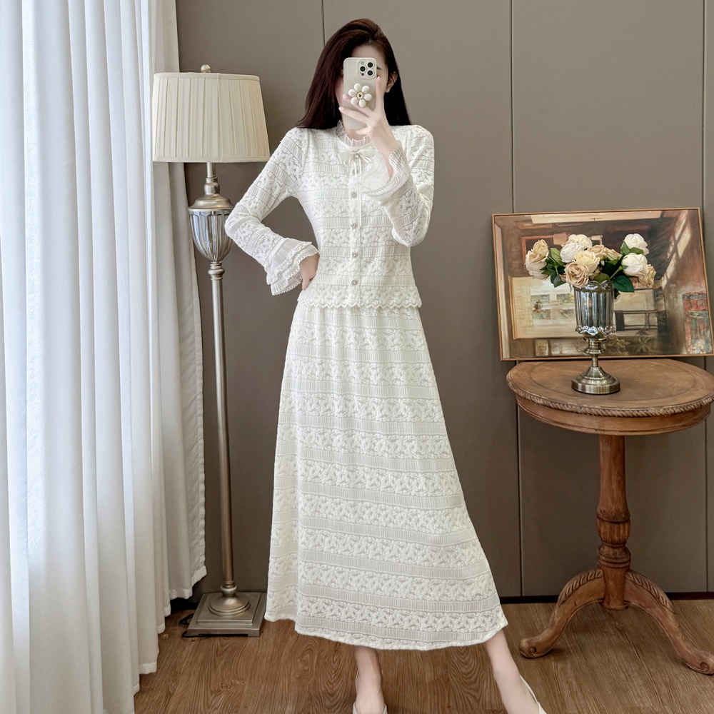 Trumpet sleeves splice bow retro autumn and winter skirt 2pcs set