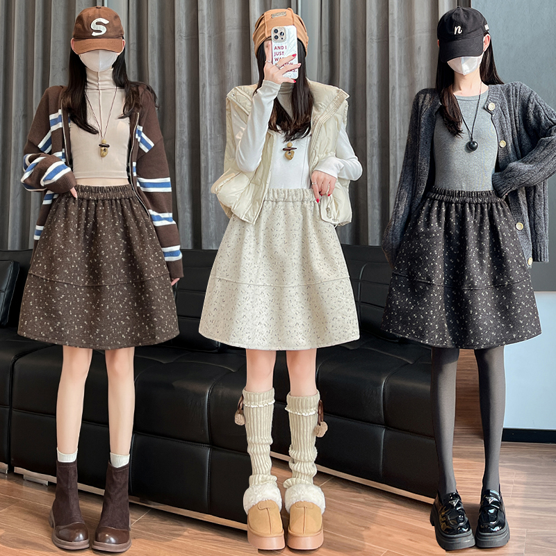 Floral A-line skirt autumn and winter woolen puff skirt