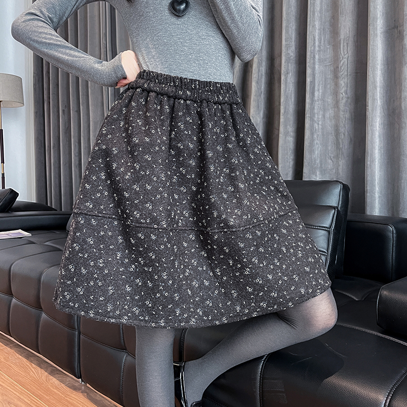 Floral A-line skirt autumn and winter woolen puff skirt - Image 5