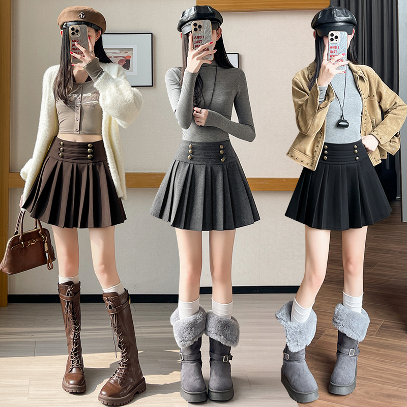 Pleated woolen skirt breasted Casual short skirt