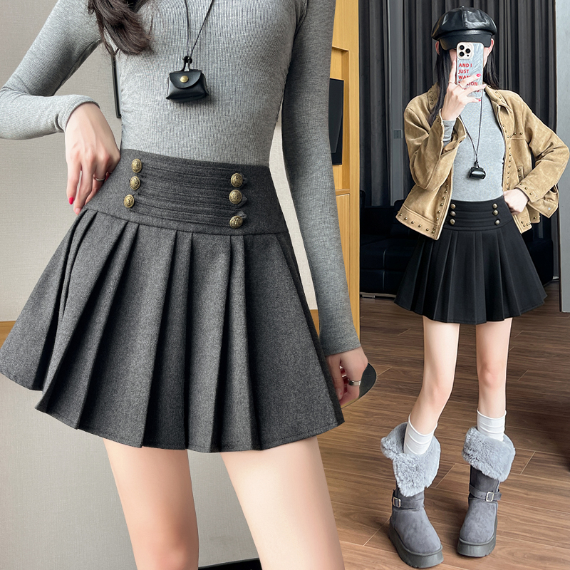 Pleated woolen skirt breasted Casual short skirt - Image 2