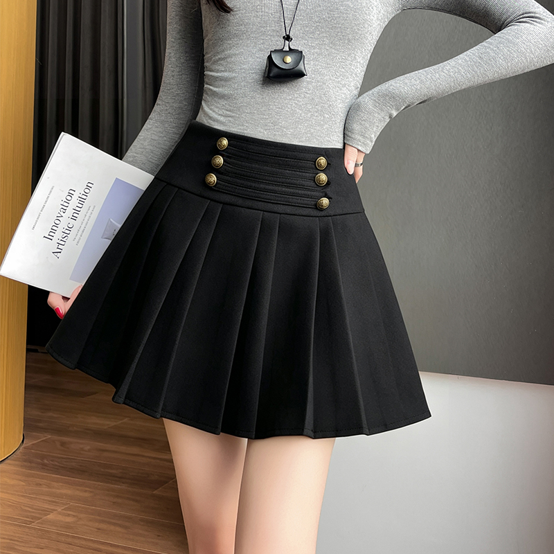 Pleated woolen skirt breasted Casual short skirt - Image 3