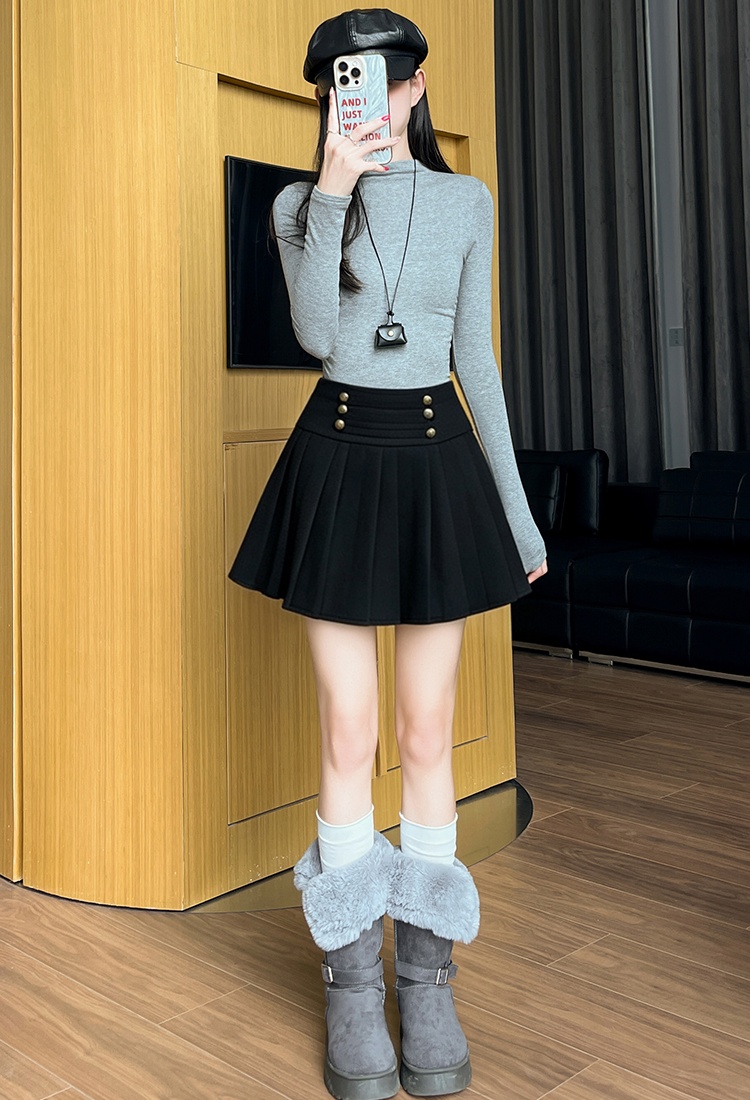 Pleated woolen skirt breasted Casual short skirt - Image 4
