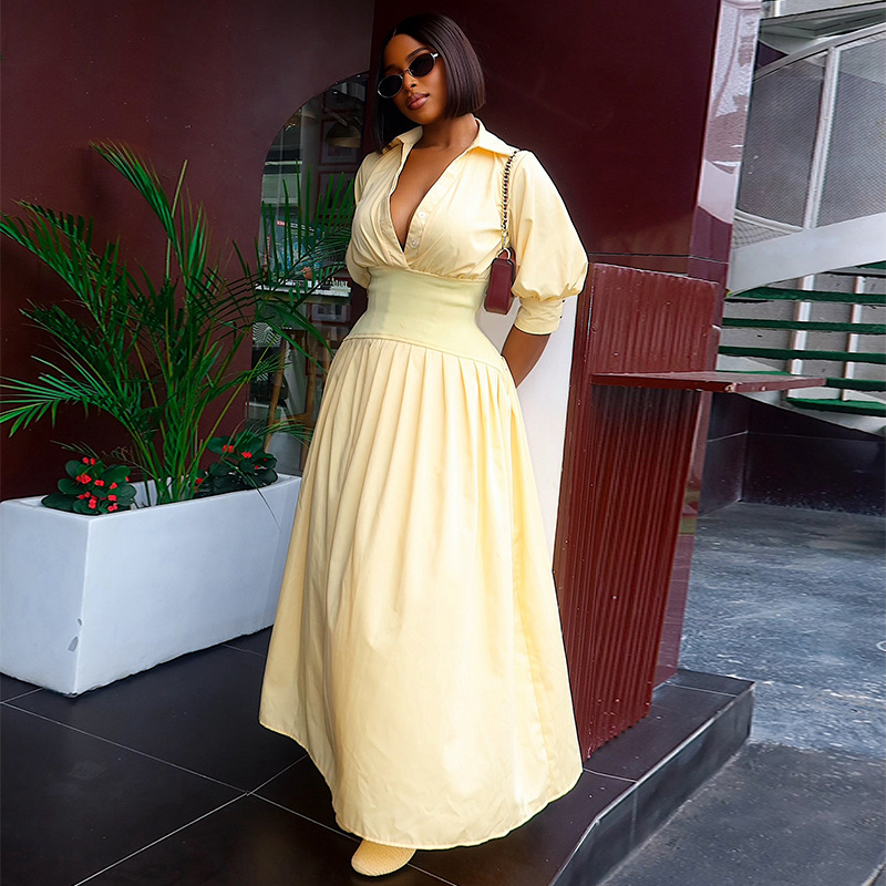 European style fashion lantern sleeve pure V-neck dress