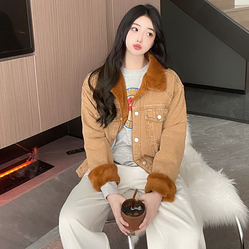 Thermal denim all-match rabbit fur cotton coat for women