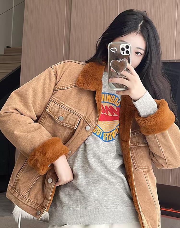 Thermal denim all-match rabbit fur cotton coat for women - Image 4
