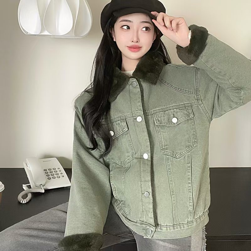 Thermal denim all-match rabbit fur cotton coat for women - Image 5