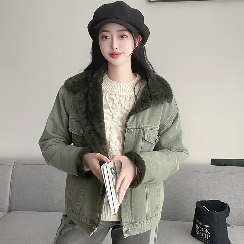 Thermal denim all-match rabbit fur cotton coat for women - Image 6